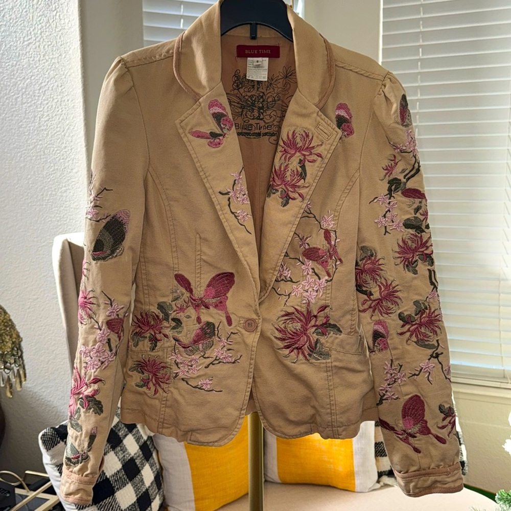 BLUE TIME (Johnny Was Vibe) Floral Embroidered Canvas Blazer Jacket Size S